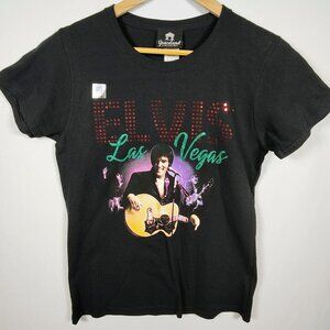 Graceland Women's Medium Elvis Presley‎ Las Vegas Sequin Black T-Shirt NWOT